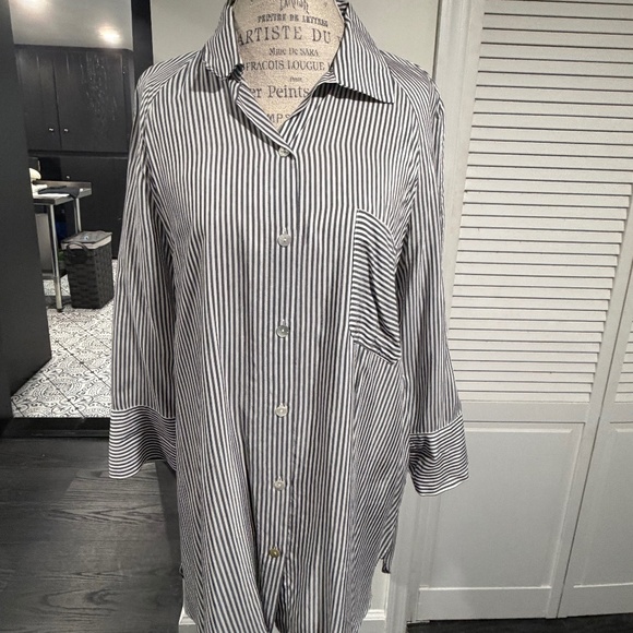 Navy and White Stripe Button Down Blouse - Picture 3 of 4